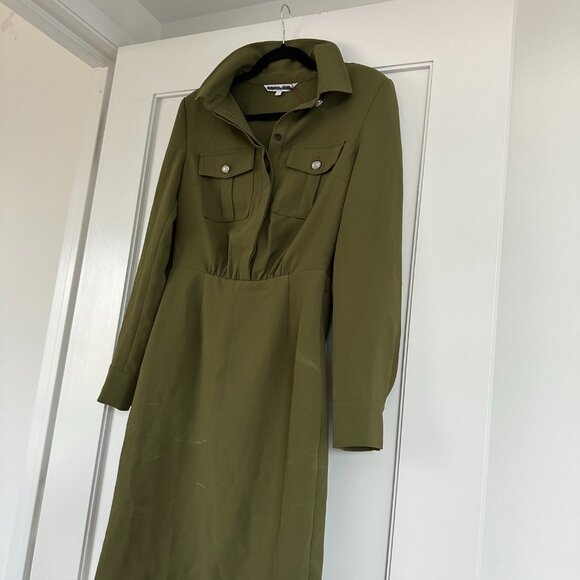 Veronica Beard A-line Shirt Dresss In Army Green Button Front Long Sleeves Front - Picture 5 of 7